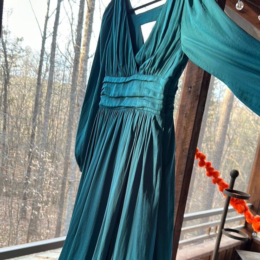 Anthropologie Blue and Green Bishop Sleeve V-Neck Gown